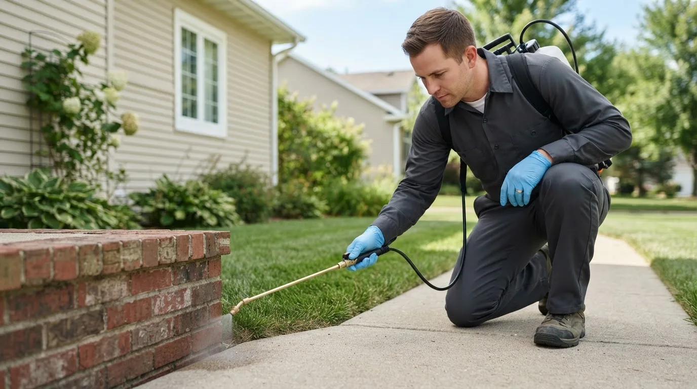 Pest control technician treating a home near Westville, IL
